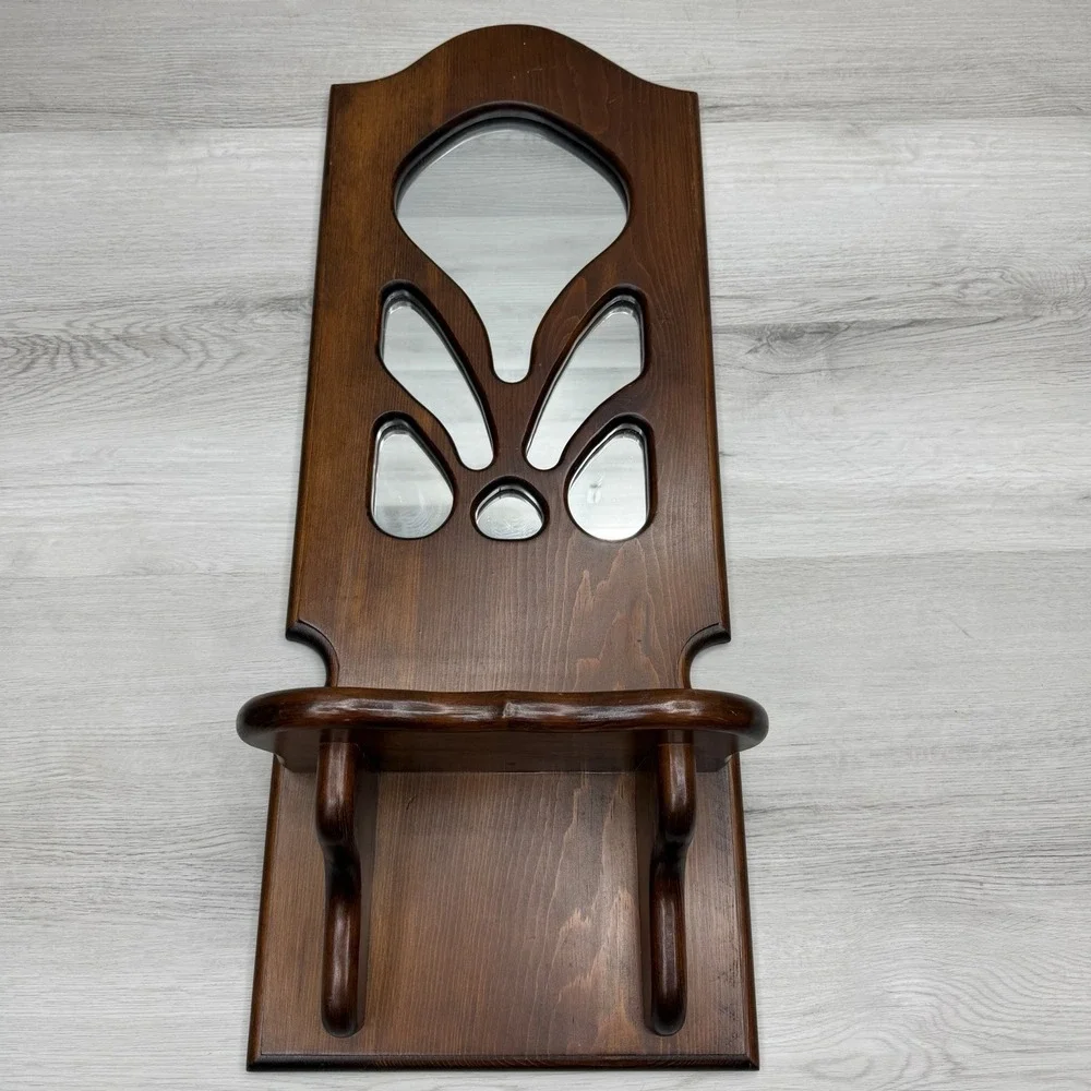 Vintage Wood Wall Shelf Mirror Inlay Display Shelf Pegs Handmade 1983 Folk Art